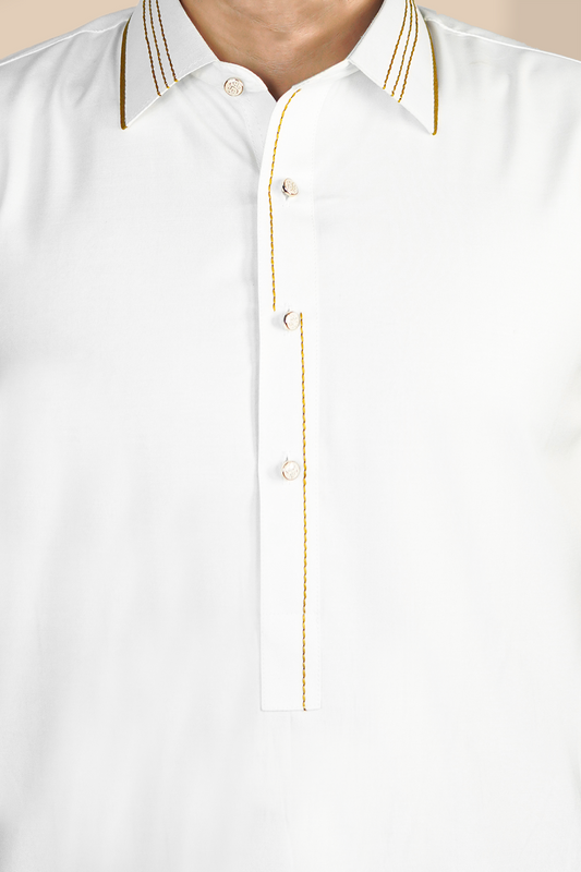 STITCHED SHALWAR WITH KAMEEZ WITH COLLAR- EGG WHITE DN-0017