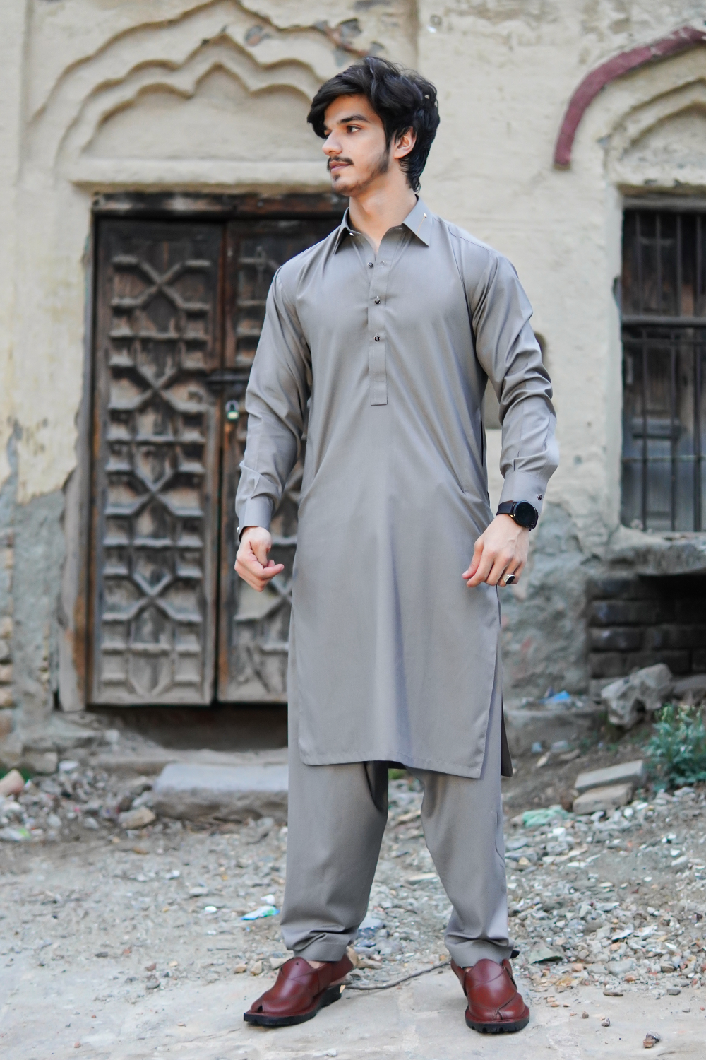 STITCHED SHALWAR WITH KAMEEZ WITH COLLAR YELLOW STRIP -GREY DN-0016
