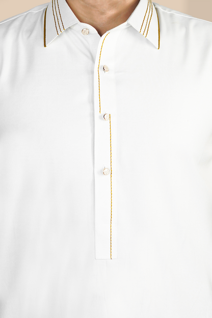 STITCHED SHALWAR WITH KAMEEZ WITH COLLAR- EGG WHITE DN-0017